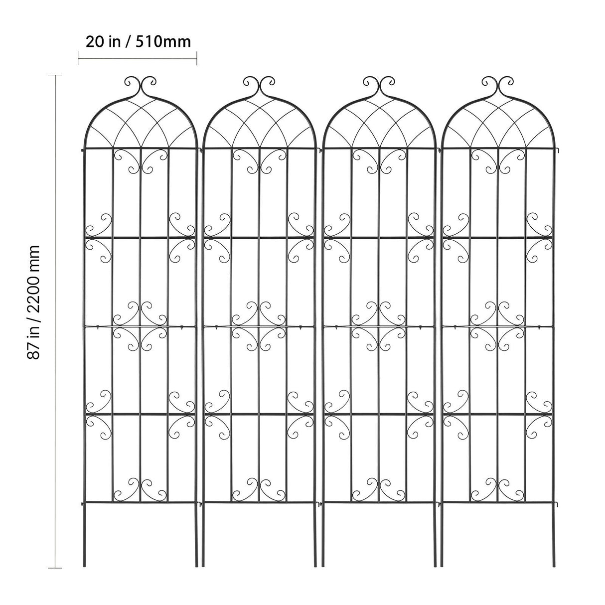 Garden Trellis for Climbing Plants, 87 x 20 in, 4 Packs Rustproof Metal Garden Flower Trellis, Outdoor Climbing Rose Trellis Cucumbers Support, Decorative Clematis Trellis for Courtyards Lawns