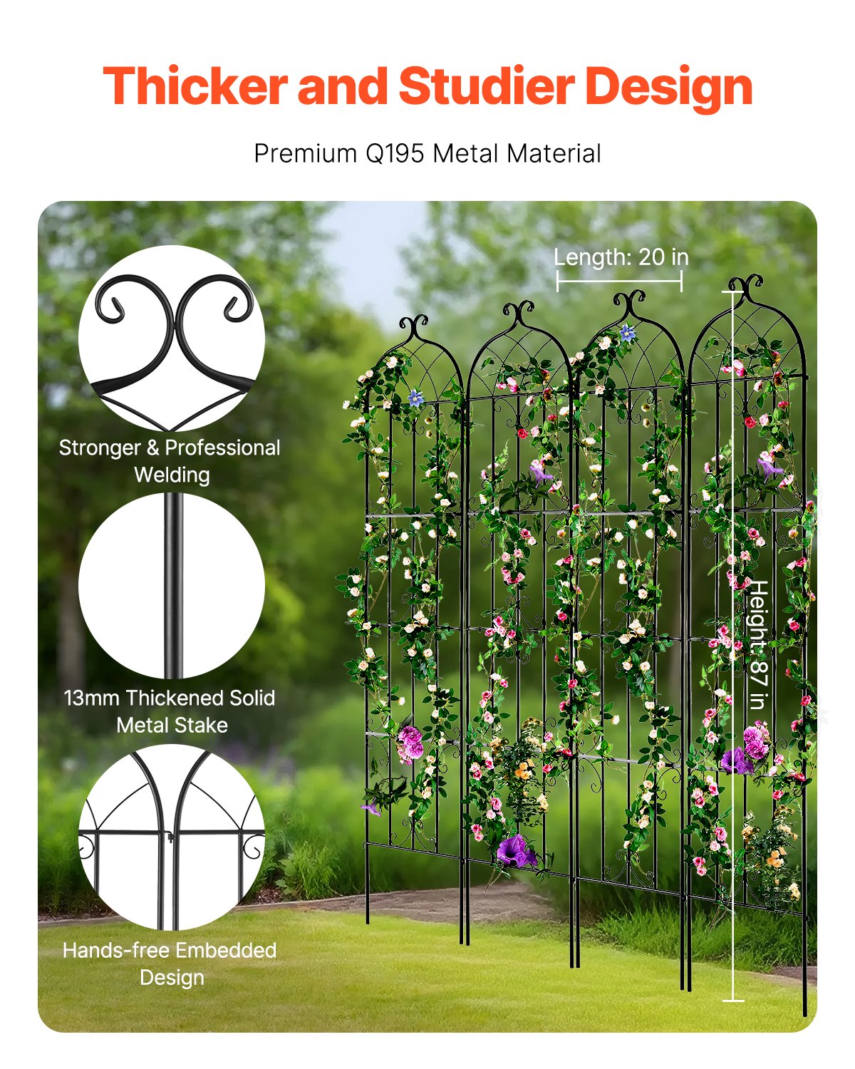 Garden Trellis for Climbing Plants, 87 x 20 in, 4 Packs Rustproof Metal Garden Flower Trellis, Outdoor Climbing Rose Trellis Cucumbers Support, Decorative Clematis Trellis for Courtyards Lawns