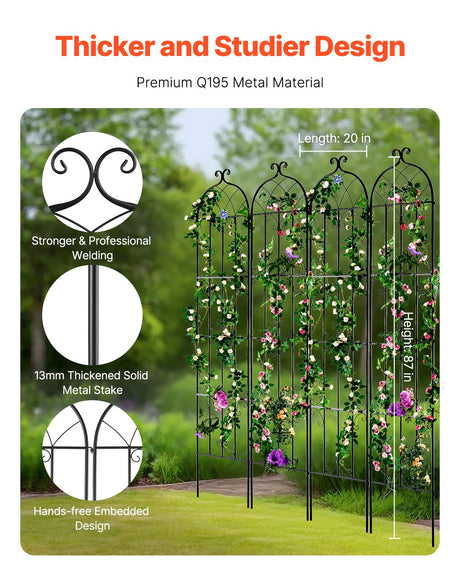 Garden Trellis for Climbing Plants, 87 x 20 in, 4 Packs Rustproof Metal Garden Flower Trellis, Outdoor Climbing Rose Trellis Cucumbers Support, Decorative Clematis Trellis for Courtyards Lawns