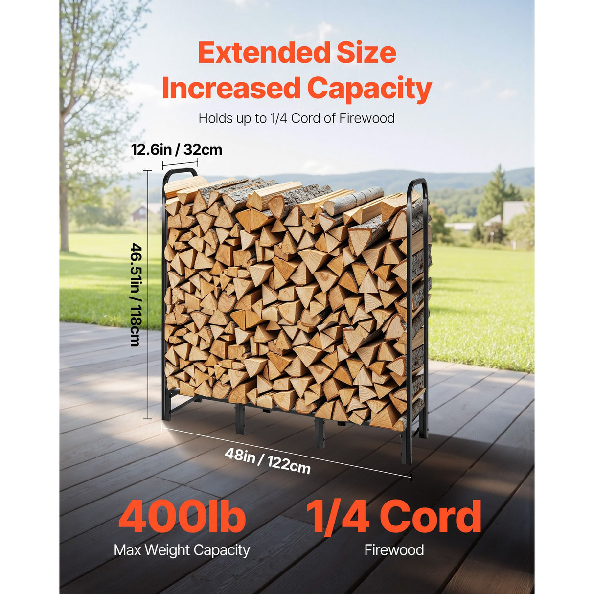 VEVOR Firewood Rack with Waterproof Cover, 1.22m Outdoor Firewood Holder, 1/4 Cord Storage Metal Log Holder, 400lb Max Weight Capacity, Top Covered, Powder-Coated Wood Storage Rack for Fireplace Deck