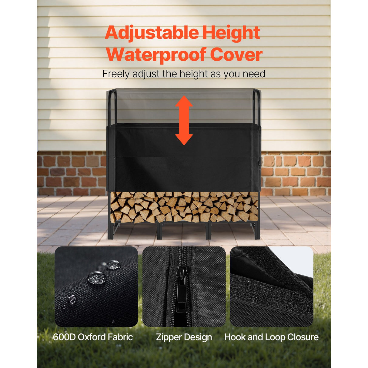 VEVOR Firewood Rack with Waterproof Cover, 1.22m Outdoor Firewood Holder, 1/4 Cord Storage Metal Log Holder, 400lb Max Weight Capacity, Top Covered, Powder-Coated Wood Storage Rack for Fireplace Deck