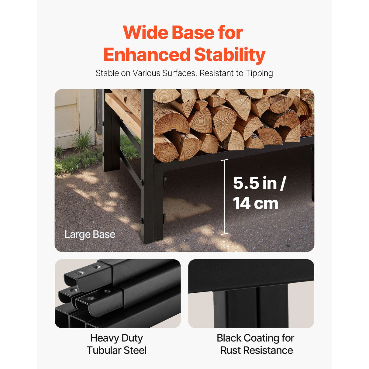 VEVOR Firewood Rack with Waterproof Cover, 1.22m Outdoor Firewood Holder, 1/4 Cord Storage Metal Log Holder, 400lb Max Weight Capacity, Top Covered, Powder-Coated Wood Storage Rack for Fireplace Deck