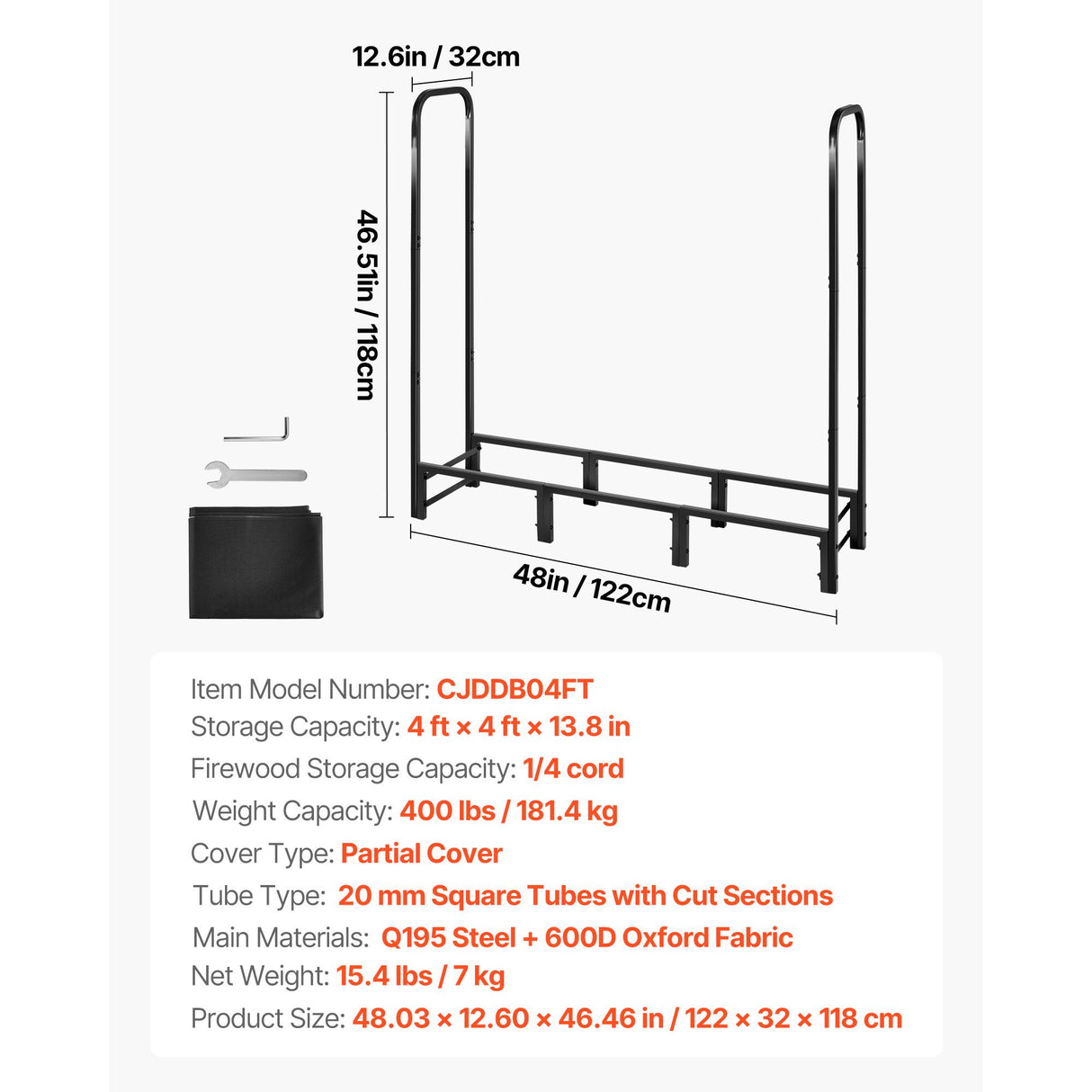 VEVOR Firewood Rack with Waterproof Cover, 1.22m Outdoor Firewood Holder, 1/4 Cord Storage Metal Log Holder, 400lb Max Weight Capacity, Top Covered, Powder-Coated Wood Storage Rack for Fireplace Deck