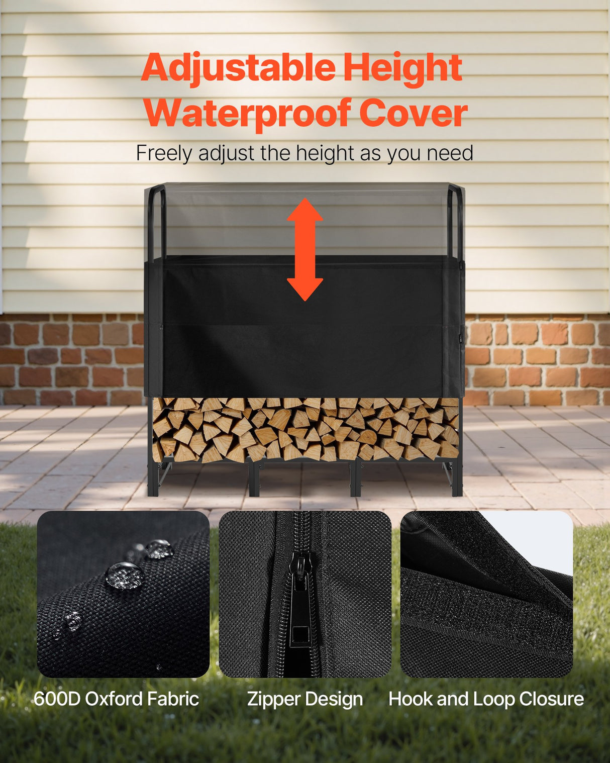 VEVOR Firewood Rack with Waterproof Cover, 1.22m Outdoor Firewood Holder, 1/4 Cord Storage Metal Log Holder, 400lb Max Weight Capacity, Top Covered, Powder-Coated Wood Storage Rack for Fireplace Deck