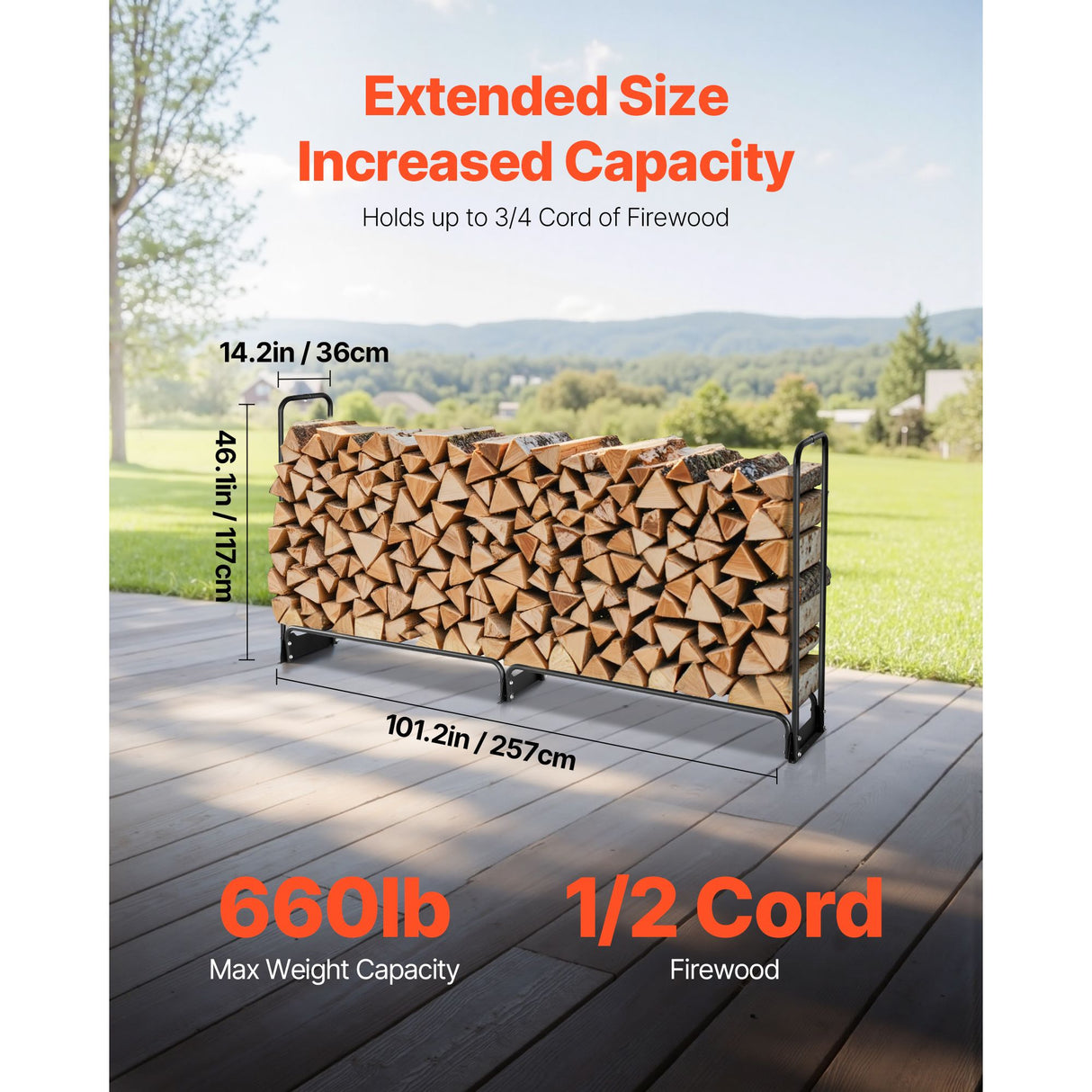 VEVOR Firewood Rack with Waterproof Cover, 2.57m Outdoor Firewood Holder, 1/2 Cord Storage Metal Log Holder, 299kg Max Weight Capacity, Top Covered, Powder-Coated Wood Storage Rack for Fireplace Deck