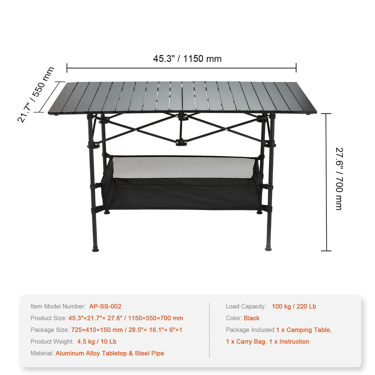 VEVOR Folding Camping Table, Outdoor Portable Side Tables, Lightweight Fold Up Table, Aluminum & Steel Ultra Compact Work Table with Large Storage and Carry Bag, For Beach, Picnic, Travel, 24x16 inch