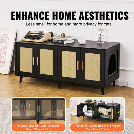 VEVOR Cat Litter Box Enclosure Wooden Litter Box Furniture Hidden 2 Rooms Black