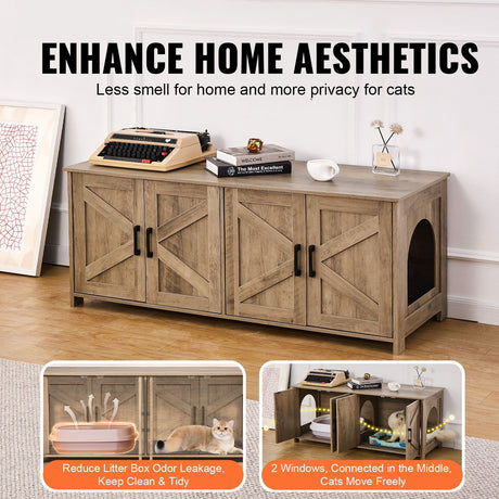 VEVOR Cat Litter Box Enclosure Wooden Litter Box Furniture Hidden 2 Rooms Greige