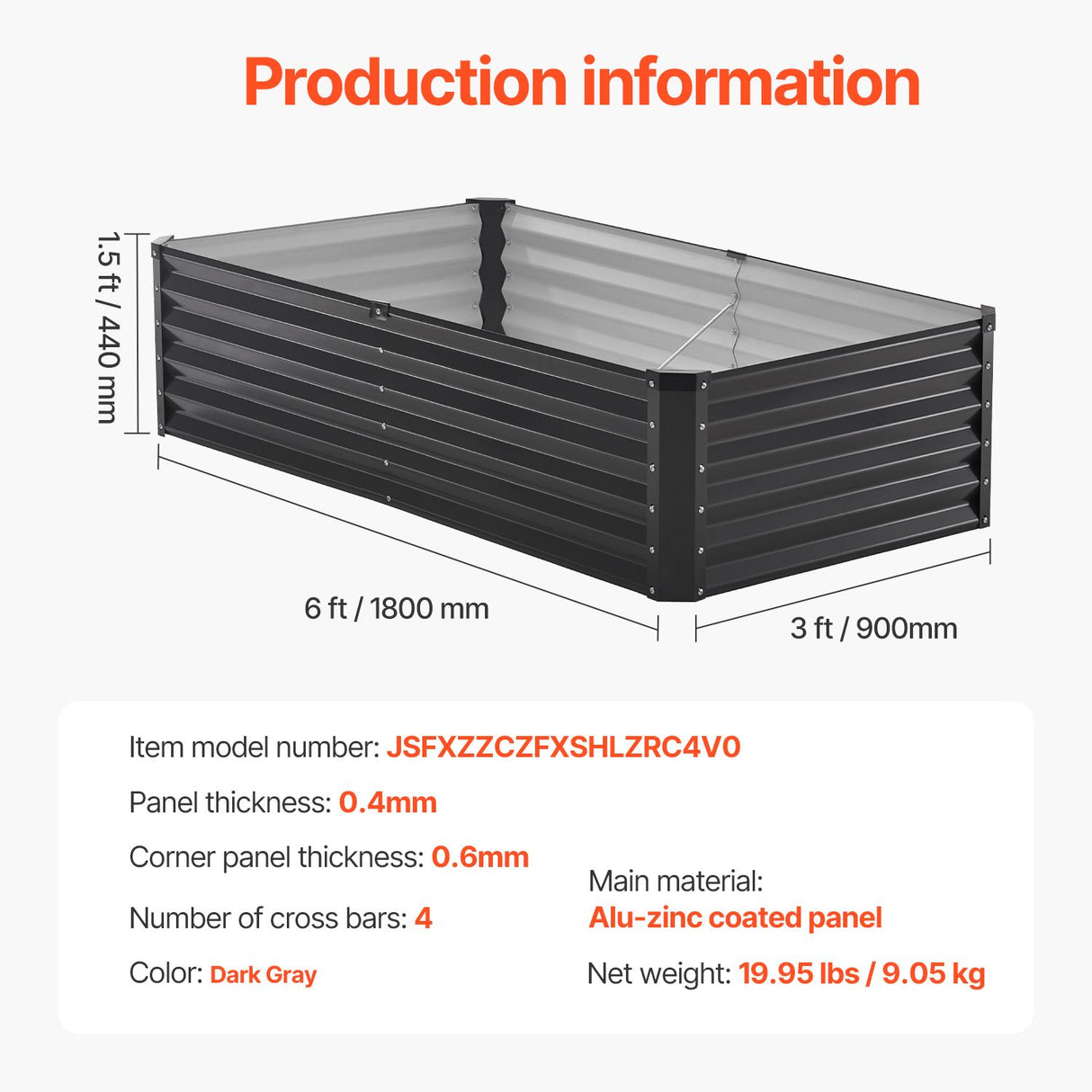 VEVOR Metal Raised Garden Bed, 6 x 3 x 1.5 ft Outdoor Galvanized Planter Box, with Open Bottom, Large Planter Raised Bed for Gardening Vegetables, Flowers, Herbs, and Succulent Plants, Dark Gray