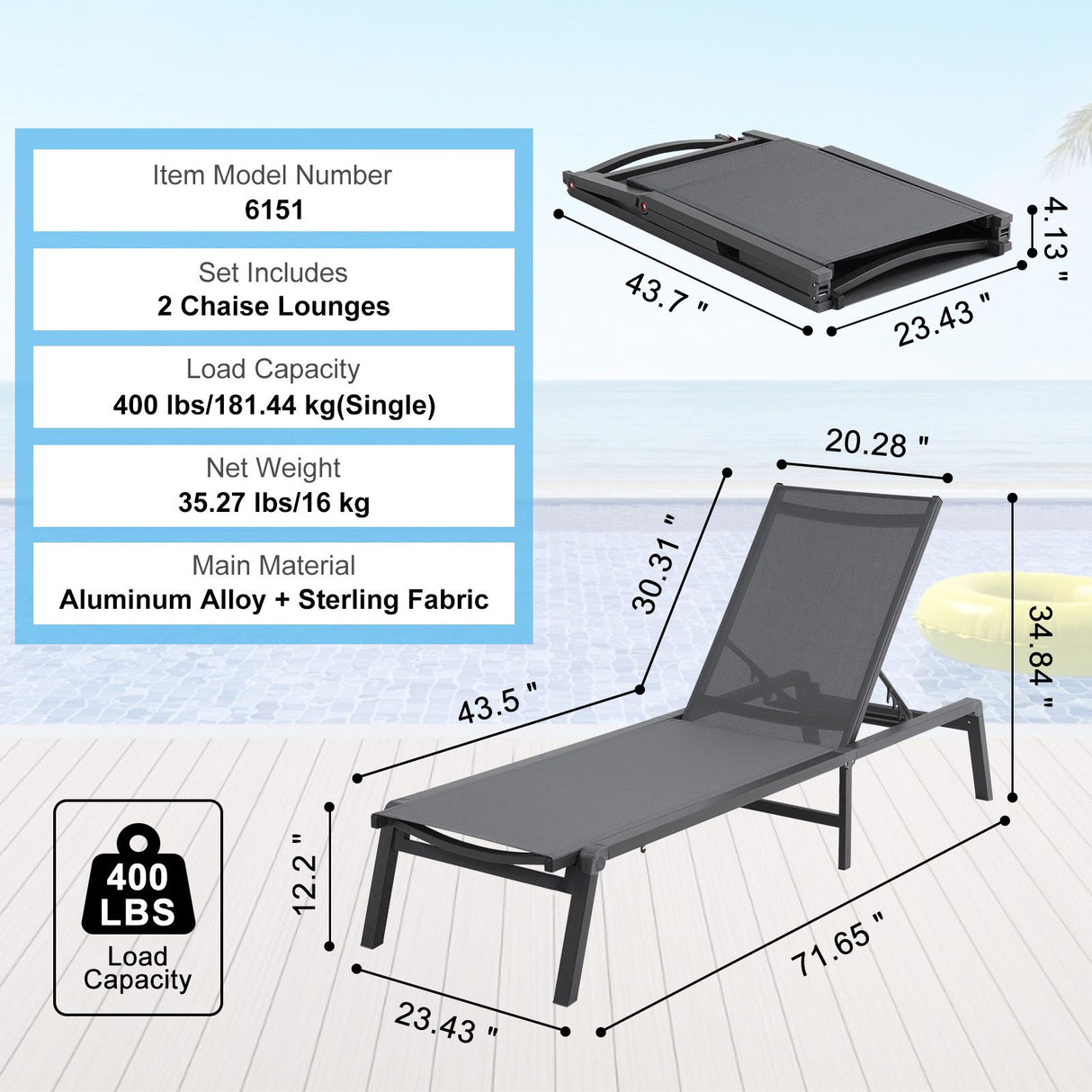 VEVOR Chaise Lounge Chair Outdoor Patio Lounge Chair Adjustable 5-Position 2 pcs