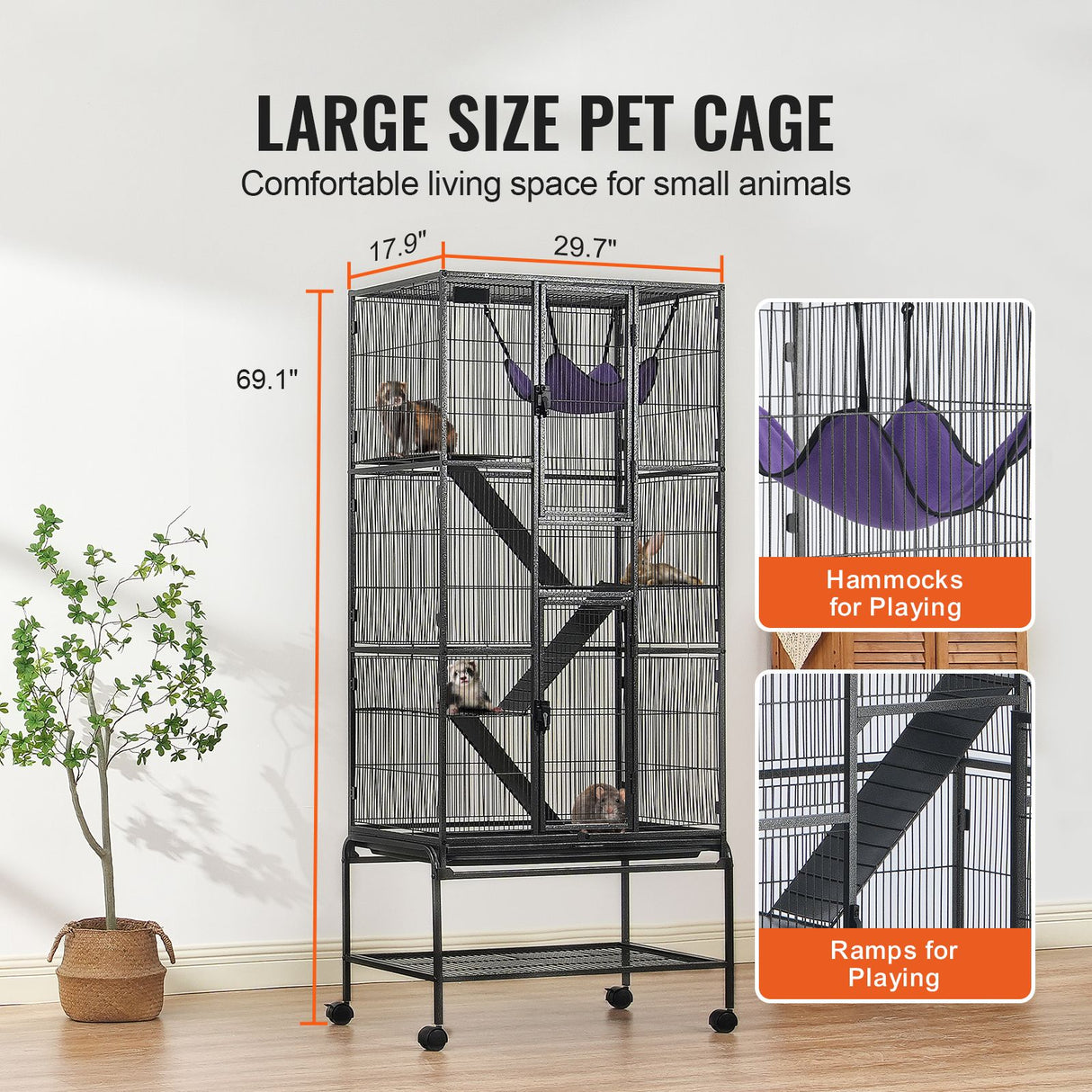 69" Metal Small Animal Cage 4-Tier Rolling Ferret Cage with Tray 3 Ramps