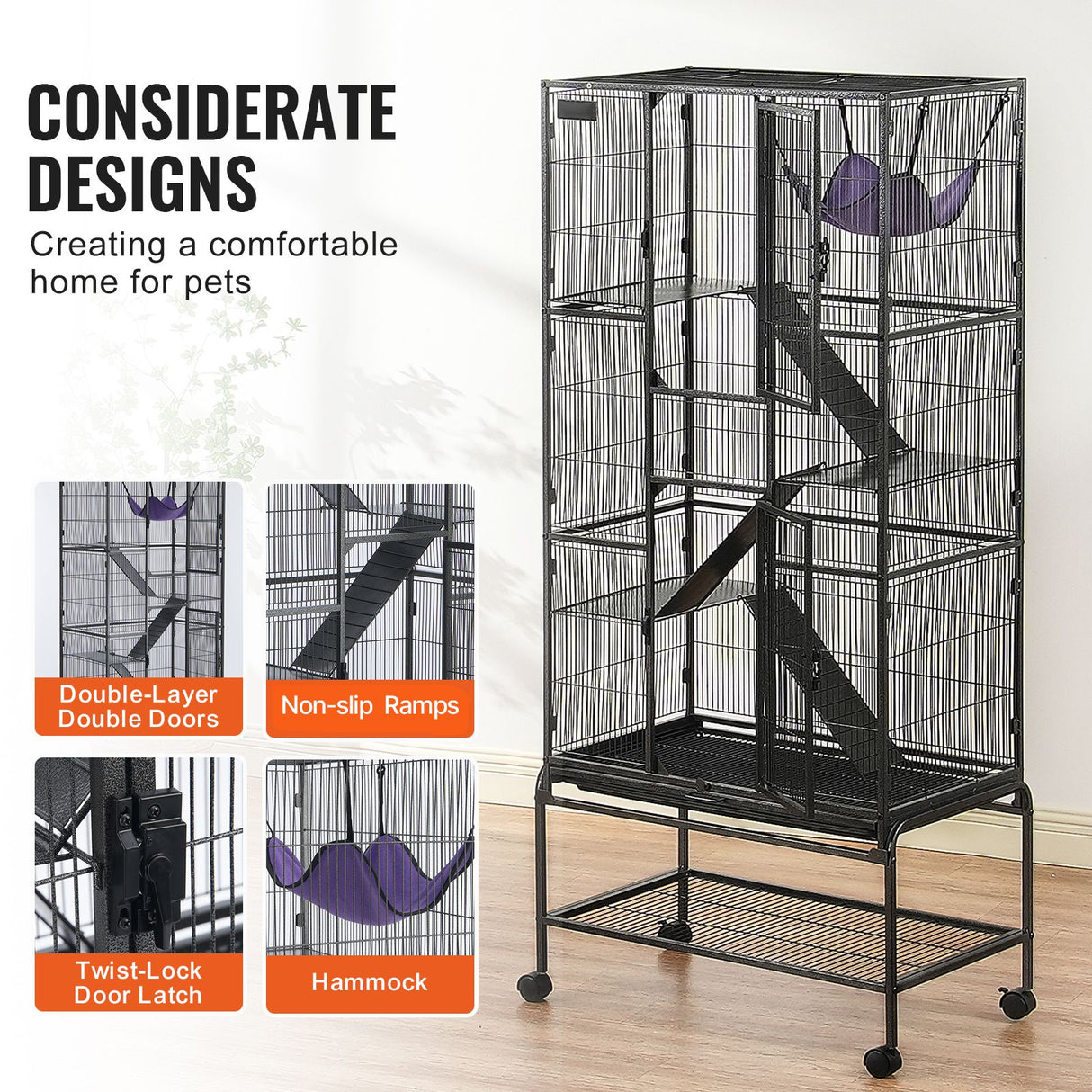 69" Metal Small Animal Cage 4-Tier Rolling Ferret Cage with Tray 3 Ramps