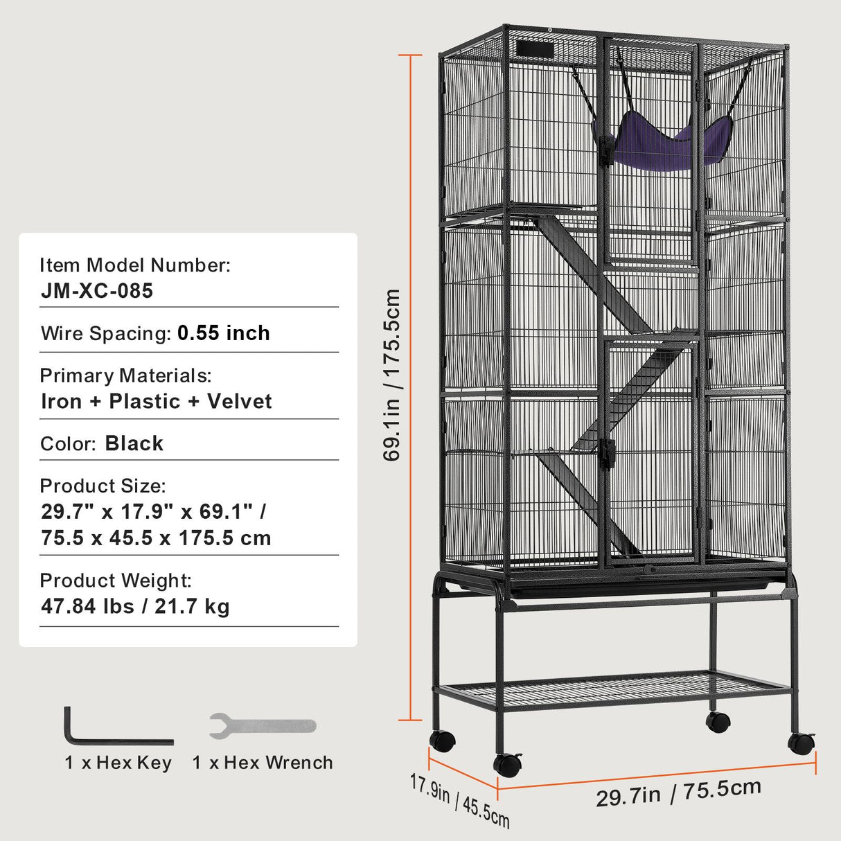 69" Metal Small Animal Cage 4-Tier Rolling Ferret Cage with Tray 3 Ramps