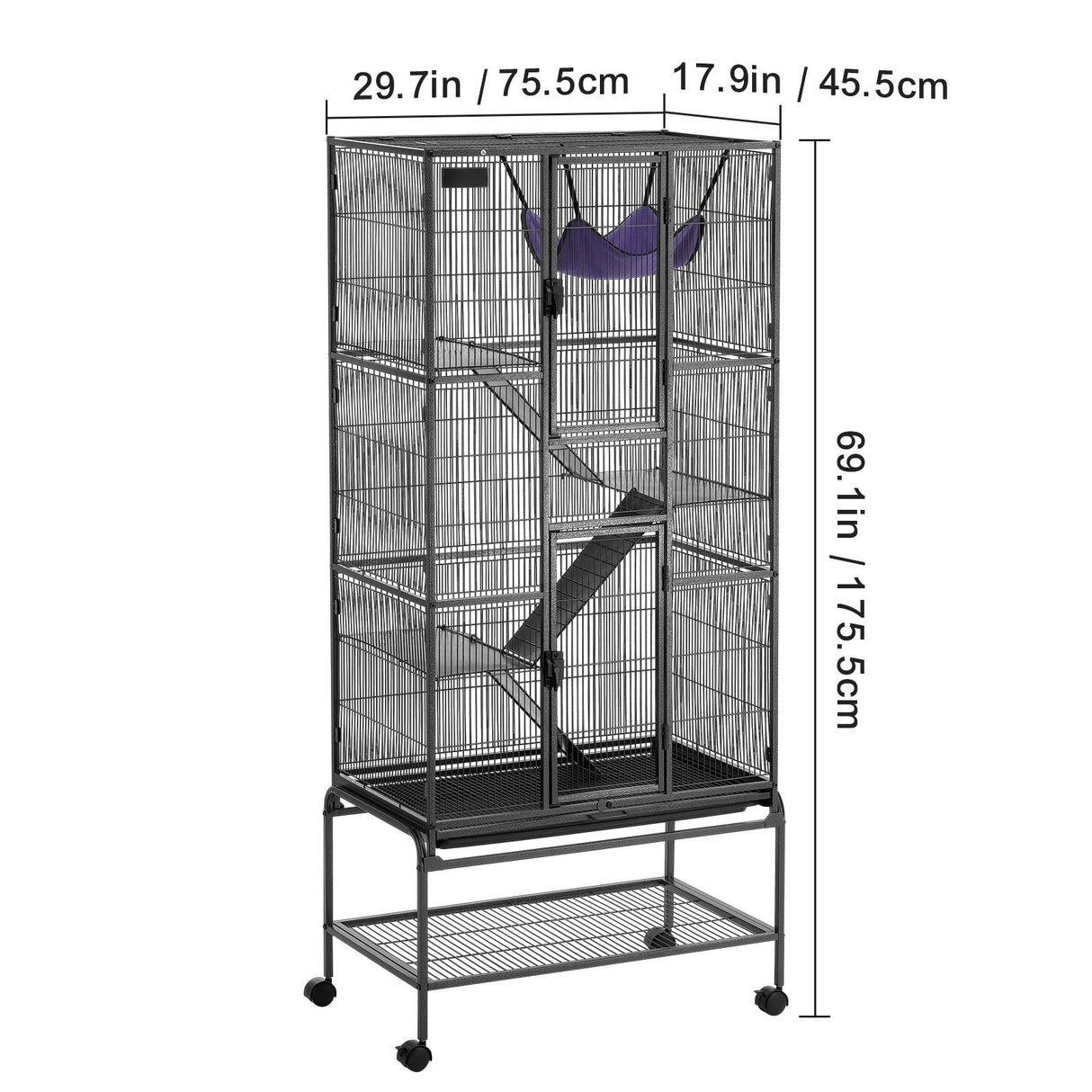 69" Metal Small Animal Cage 4-Tier Rolling Ferret Cage with Tray 3 Ramps