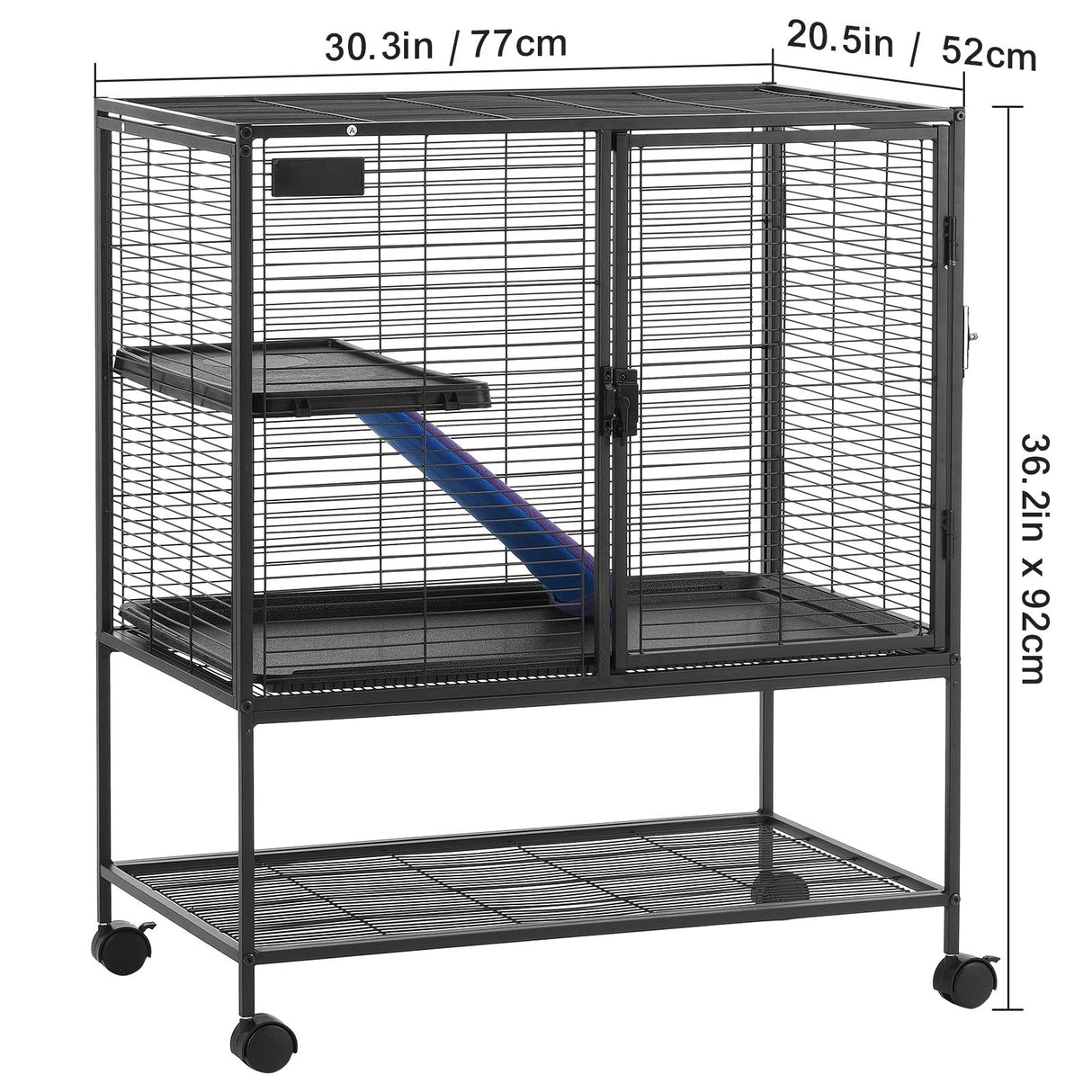 36" Metal Small Animal Cage 2-Tier Rolling Ferret Cage with Tray A Ramp