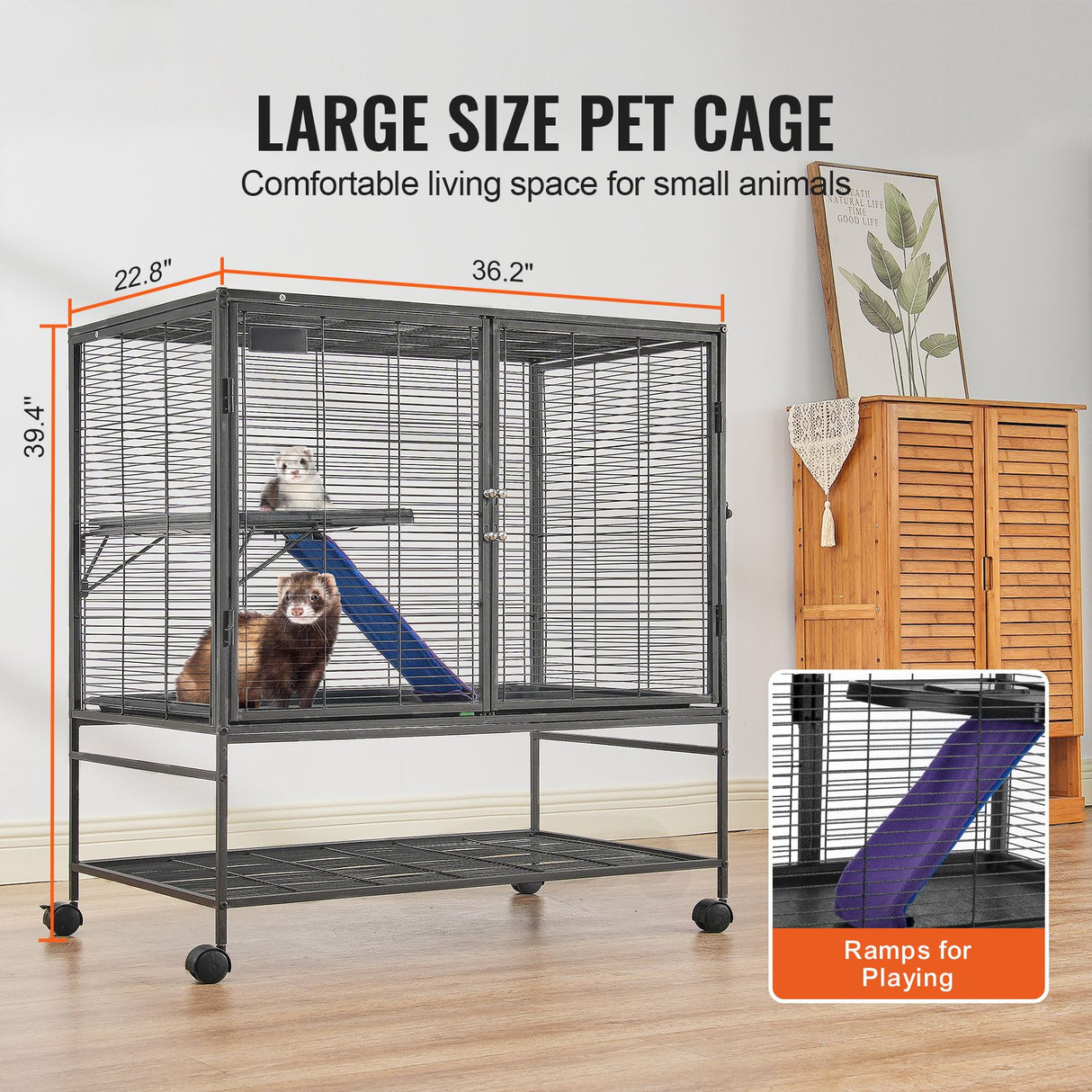 39" Metal Small Animal Cage 2-Tier Rolling Ferret Cage with Tray A Ramp