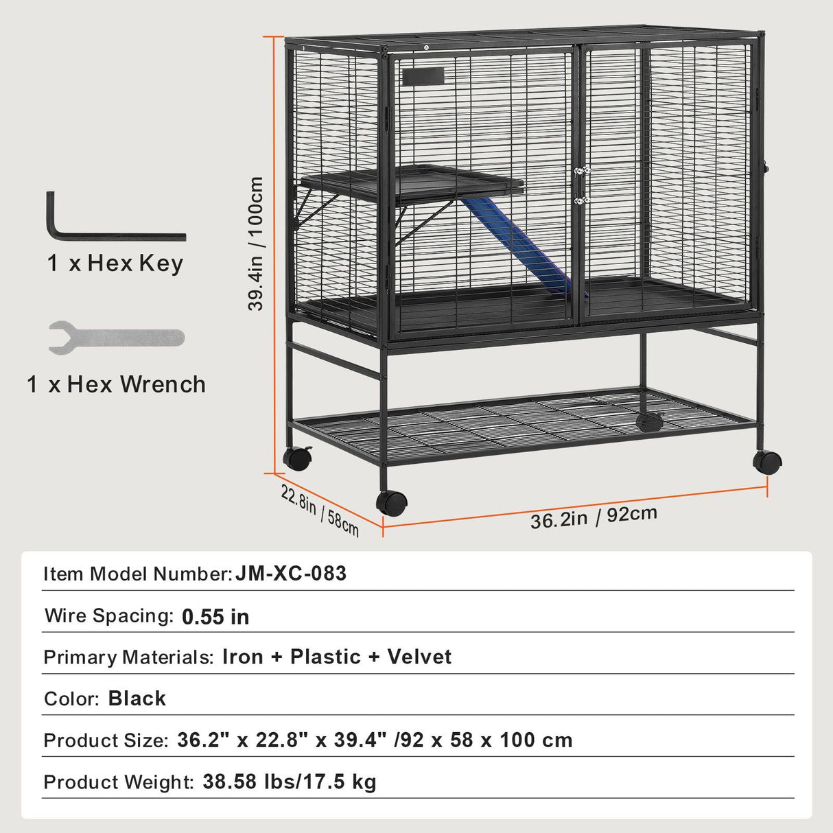 39" Metal Small Animal Cage 2-Tier Rolling Ferret Cage with Tray A Ramp