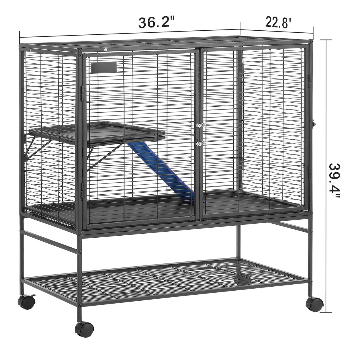 39" Metal Small Animal Cage 2-Tier Rolling Ferret Cage with Tray A Ramp