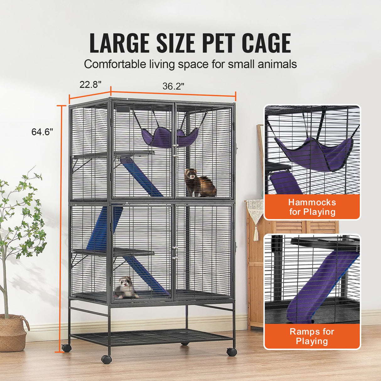 64.6" Metal Small Animal Cage 4-Tier Rolling Ferret Cage with Tray 3 Ramps