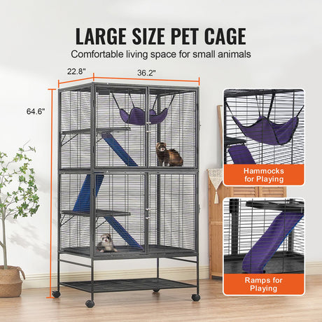 64.6" Metal Small Animal Cage 4-Tier Rolling Ferret Cage with Tray 3 Ramps