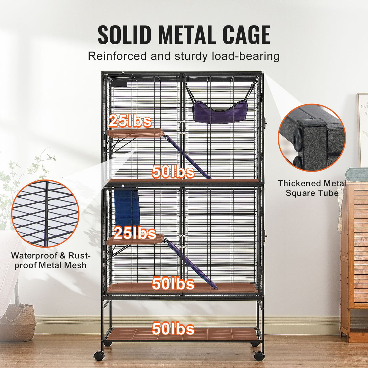 64.6" Metal Small Animal Cage 4-Tier Rolling Ferret Cage with Tray 3 Ramps