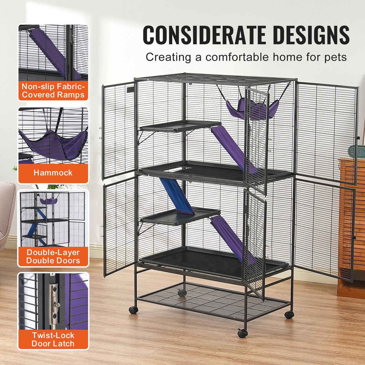 64.6" Metal Small Animal Cage 4-Tier Rolling Ferret Cage with Tray 3 Ramps