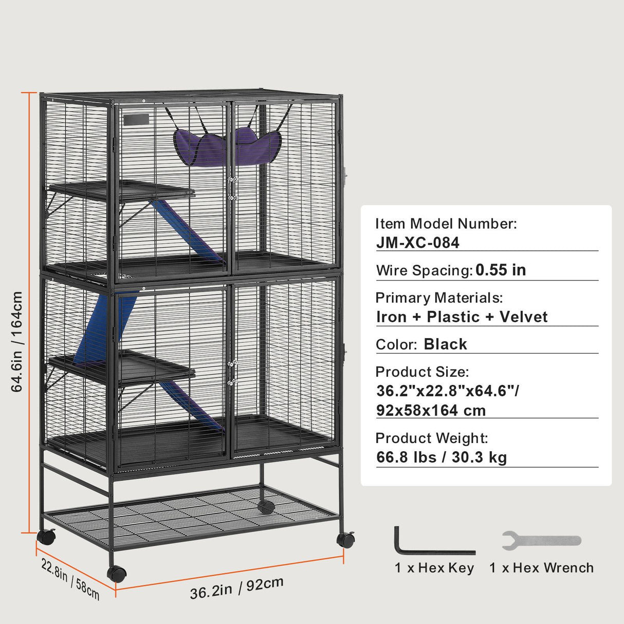 64.6" Metal Small Animal Cage 4-Tier Rolling Ferret Cage with Tray 3 Ramps