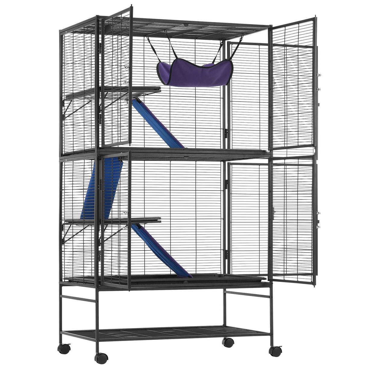 64.6" Metal Small Animal Cage 4-Tier Rolling Ferret Cage with Tray 3 Ramps