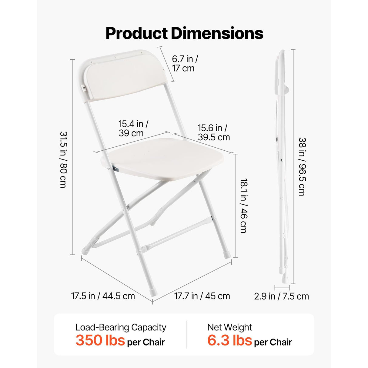 VEVOR 4 Pack Folding Chairs, Foldable Plastic Chairs with Heavy Duty Metal Frame, Portable Folding Card Table Chairs, Stackable Indoor Outdoor Seats for Home, Yard, Garden, Parties, Events, White
