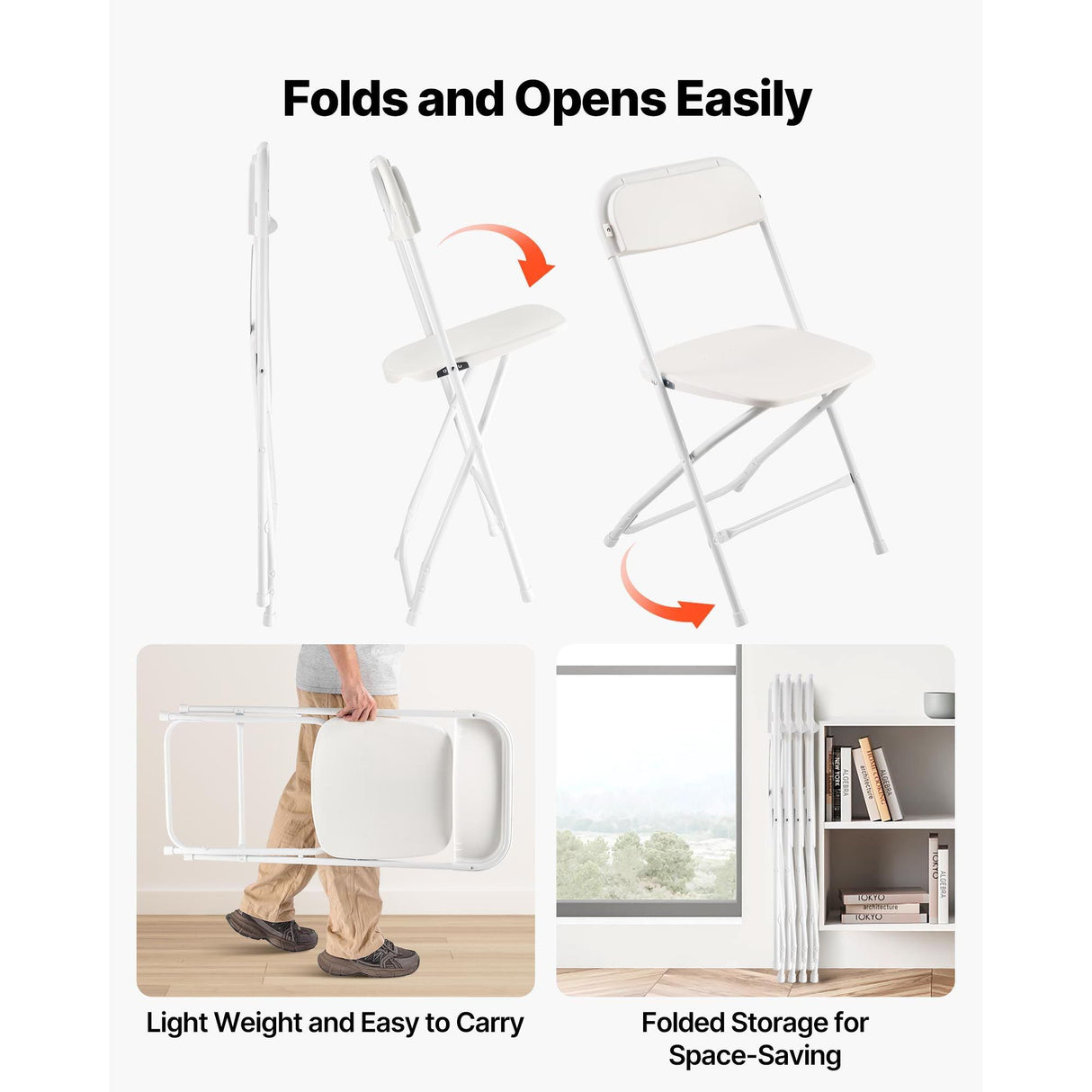 VEVOR 4 Pack Folding Chairs, Foldable Plastic Chairs with Heavy Duty Metal Frame, Portable Folding Card Table Chairs, Stackable Indoor Outdoor Seats for Home, Yard, Garden, Parties, Events, White