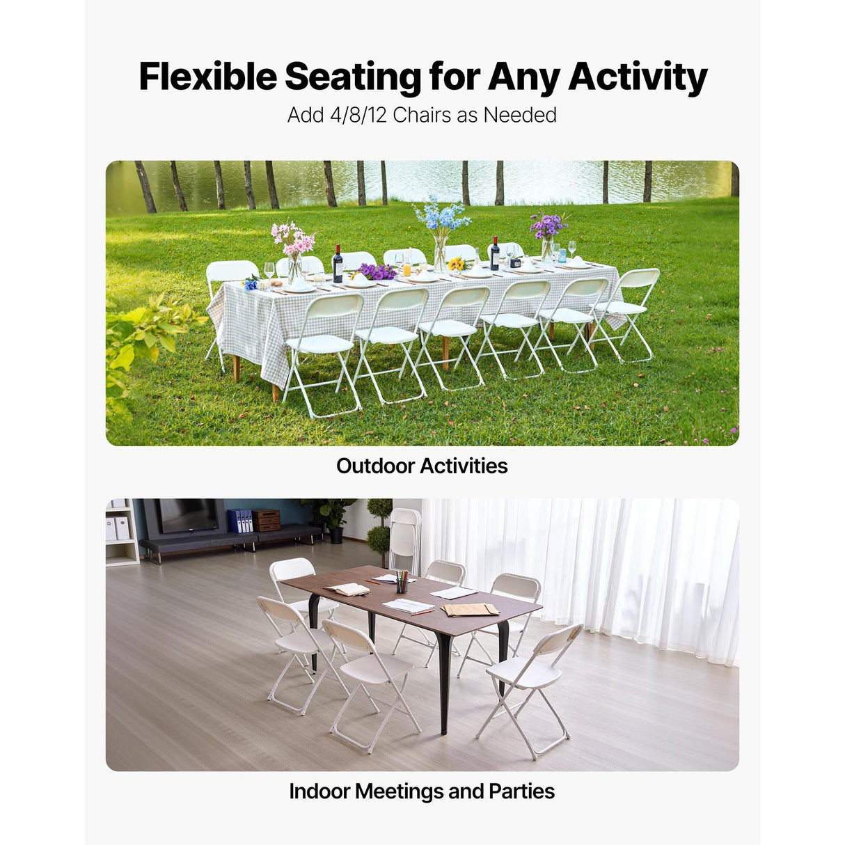 VEVOR 4 Pack Folding Chairs, Foldable Plastic Chairs with Heavy Duty Metal Frame, Portable Folding Card Table Chairs, Stackable Indoor Outdoor Seats for Home, Yard, Garden, Parties, Events, White