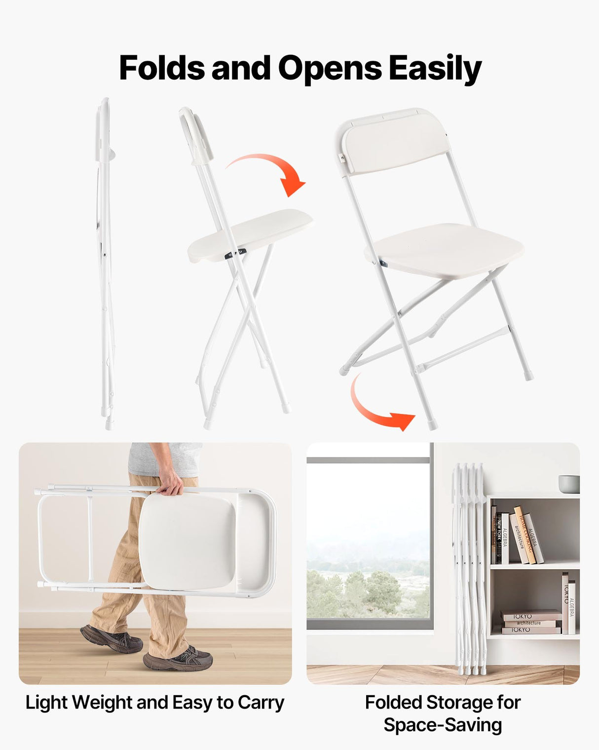 VEVOR 4 Pack Folding Chairs, Foldable Plastic Chairs with Heavy Duty Metal Frame, Portable Folding Card Table Chairs, Stackable Indoor Outdoor Seats for Home, Yard, Garden, Parties, Events, White