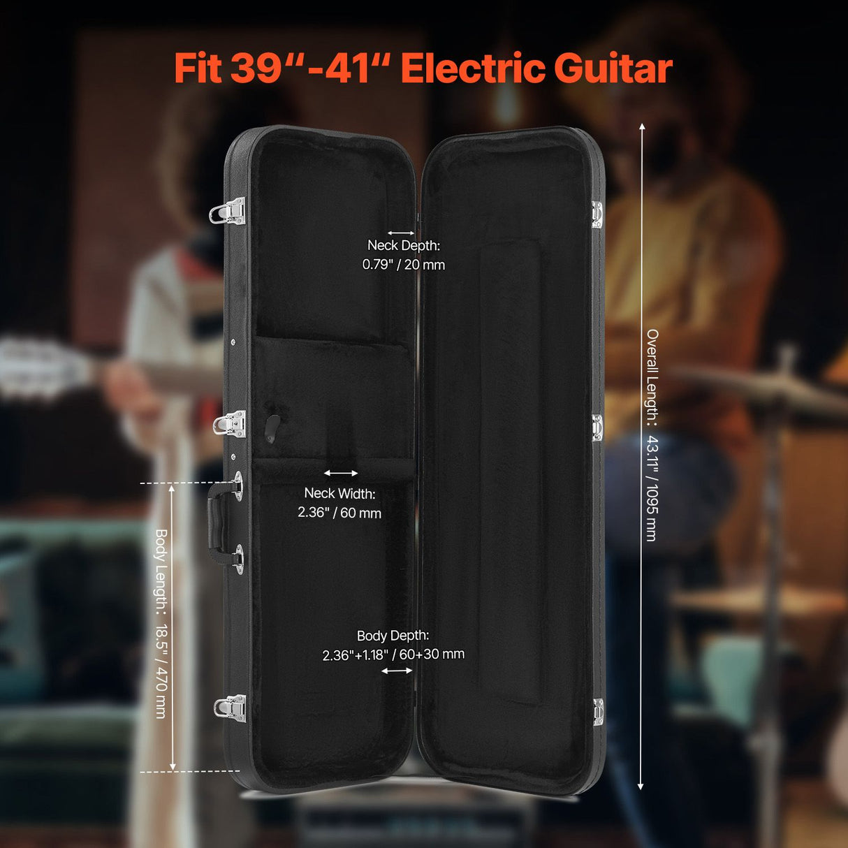 VEVOR Electric Guitar Hard Case, 1095 mm Rectangular Guitar Hard Case, With Lock Latch Keys Handle, PVC Padding Soft Lining Water-Resistant Hard Shell Guitar Cases, for 990 mm Electric Guitars, Black