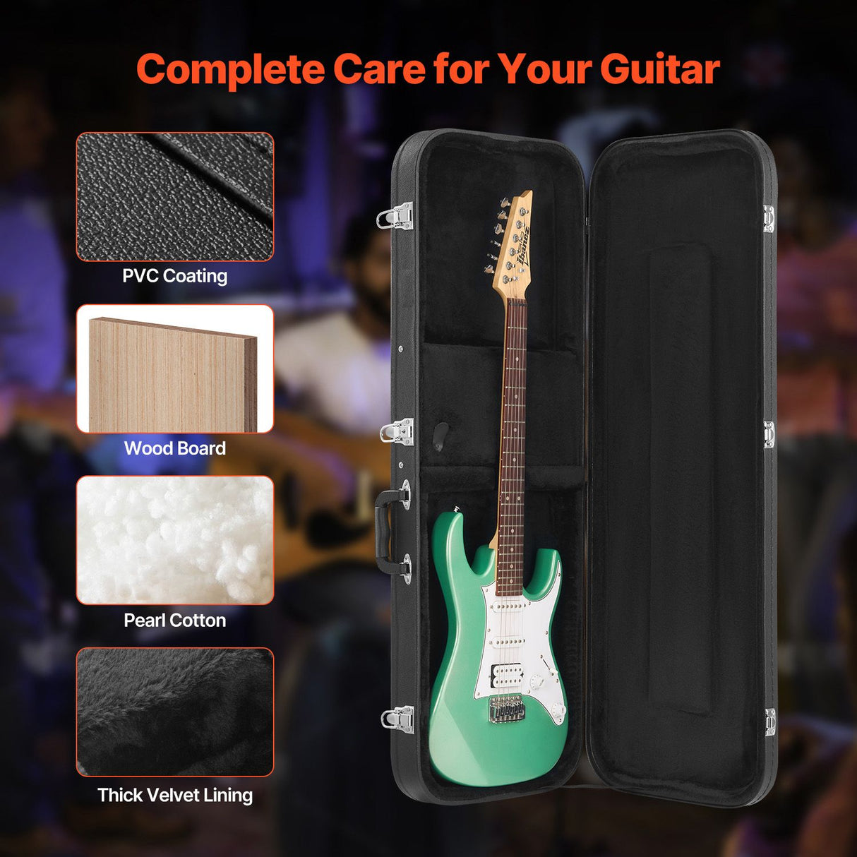 VEVOR Electric Guitar Hard Case, 1095 mm Rectangular Guitar Hard Case, With Lock Latch Keys Handle, PVC Padding Soft Lining Water-Resistant Hard Shell Guitar Cases, for 990 mm Electric Guitars, Black