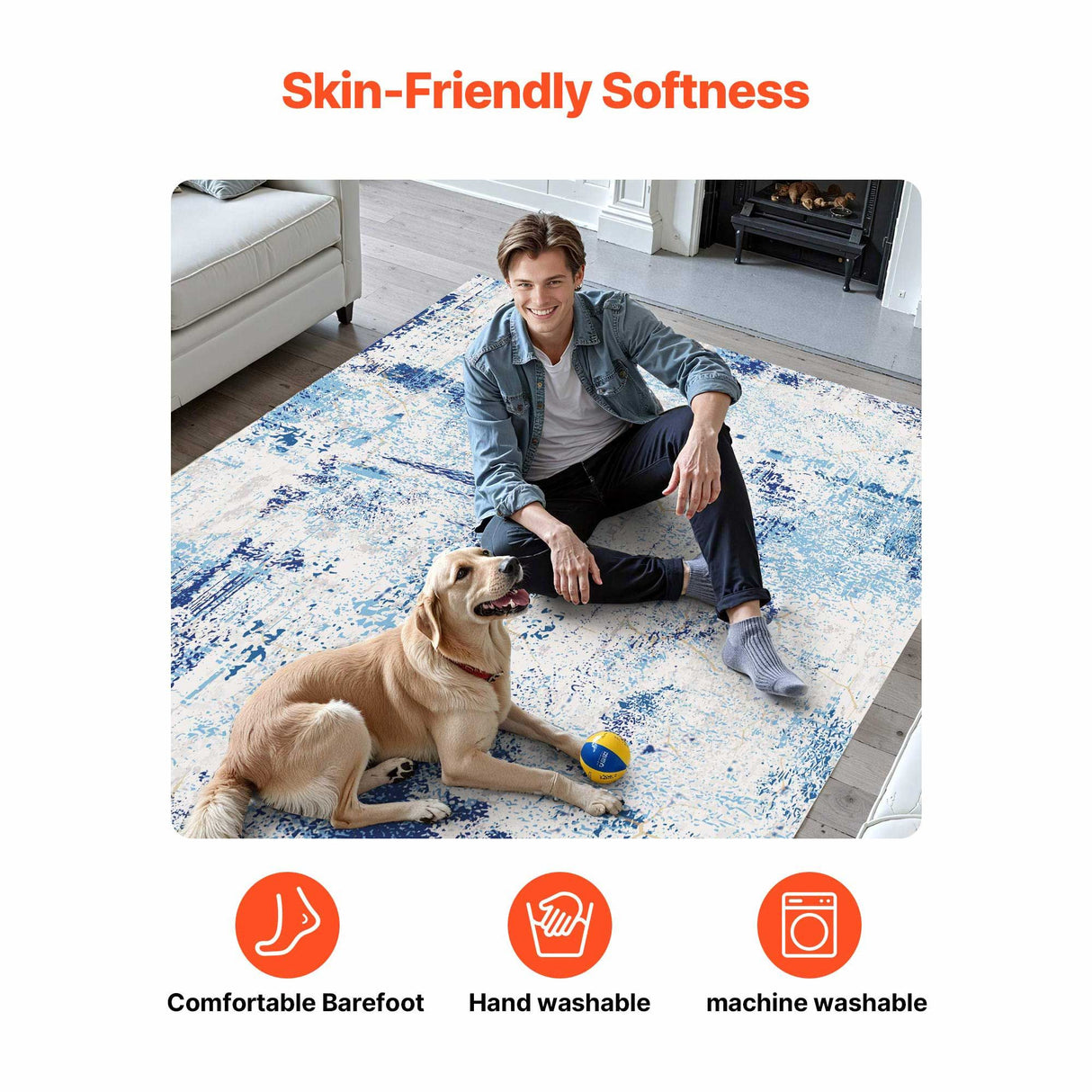 VEVOR Area Rug, 1524x2133.6mm Large Washable Rug, Non-Slip and Tear-Resistant Soft Carpet, Pet & Child Friendly Modern Area Rugs, Indoor Mat for Bedroom, Office, Living Room, Kids Room, Entryway, Blue