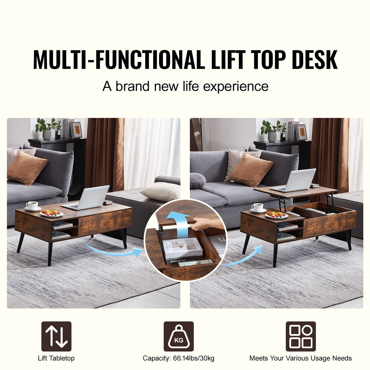 VEVOR Lift Top Coffee Table 39.4 in Rectangle Coffee Table for Living Room Brown