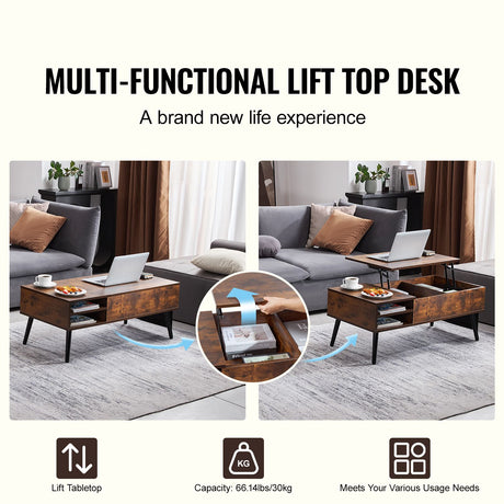 VEVOR Lift Top Coffee Table 39.4 in Rectangle Coffee Table for Living Room Brown