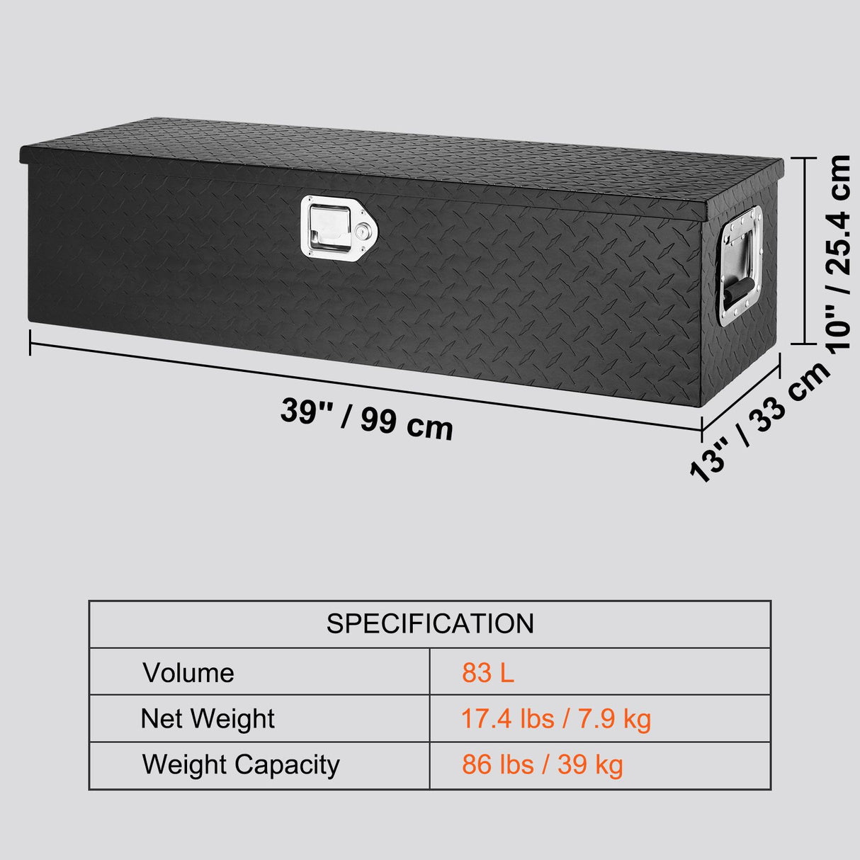 Heavy Duty Aluminum Truck Bed Tool Box, Diamond Plate Tool Box with Side Handle and Lock Keys, Storage Tool Box Chest Box Organizer for Pickup, Truck Bed, RV, Trailer, 990 x 330 x 254 mm, Black