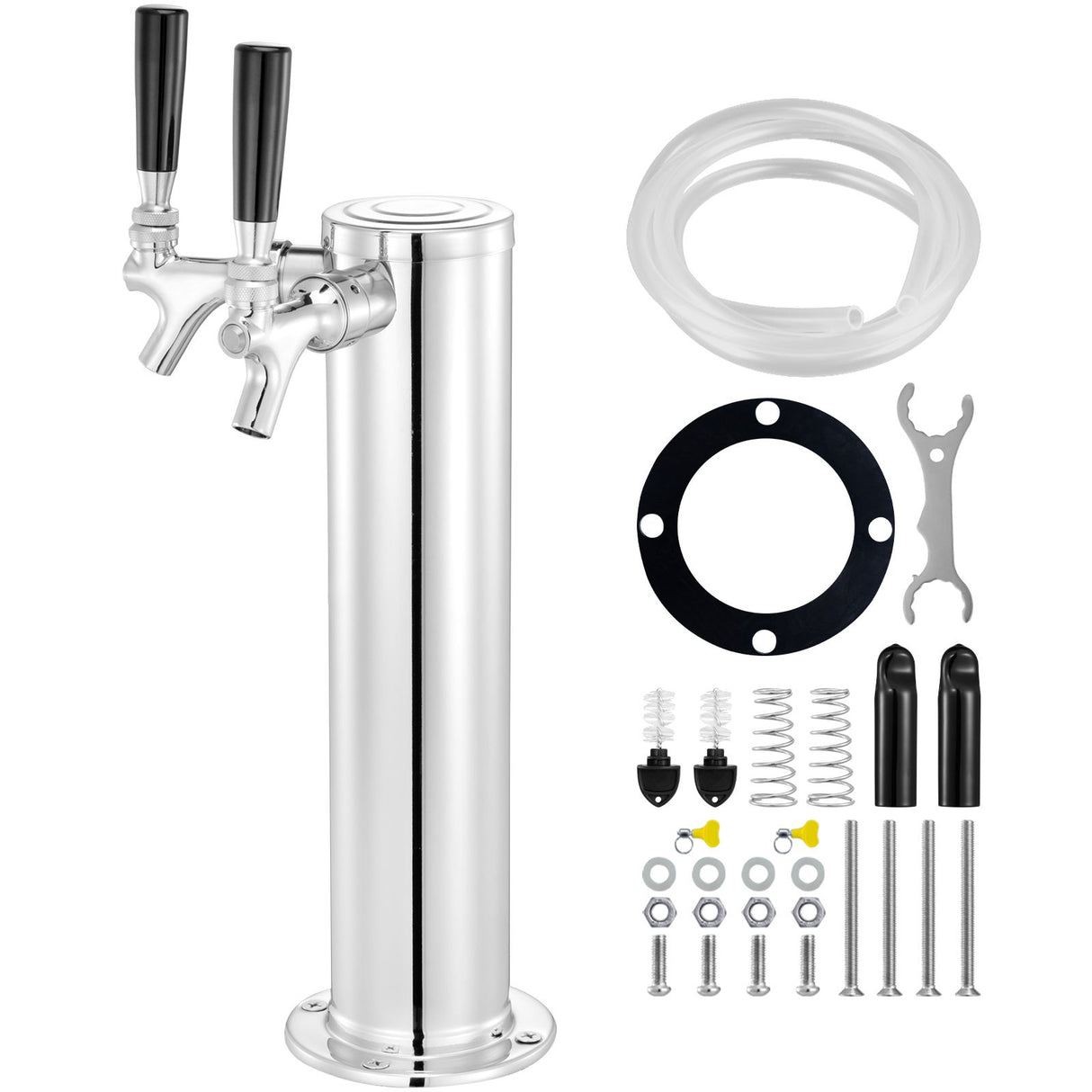 Dual Taps Draft Beer Tower Dispenser, Stainless Steel Keg Beer Tower, Kegerator Tower Kit with Pre-Assembled Tubing and Self-Closing Faucet Shanks for Party, Bar, Pub, Restaurant