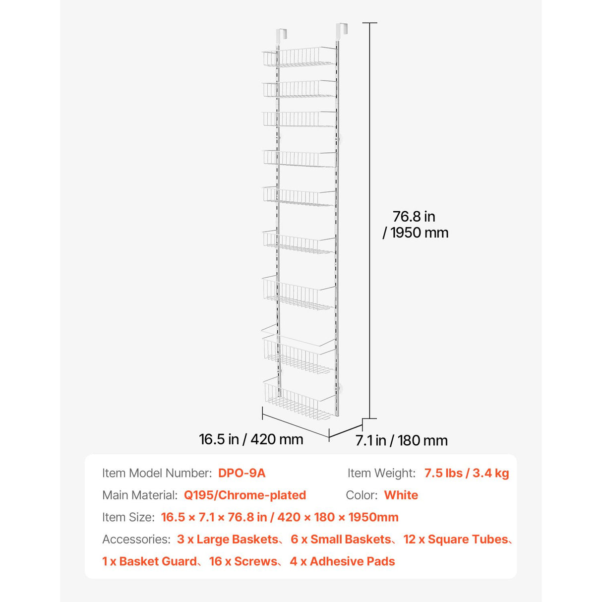 Over the Door Pantry Organizer, 9-Tier Pantry Organization and Storage, Heavy-Duty Steel Hanging Spice Rack, Adjustable Wall Seasoning Shelves, for Home Kitchen Laundry Room Bathroom, White