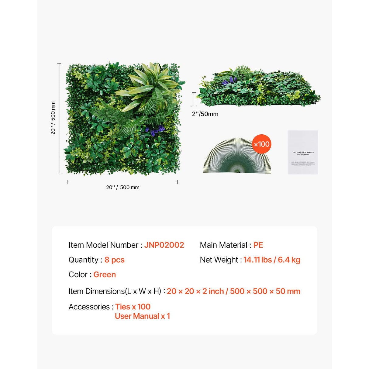Artificial Grass Wall Panels, 8 PCS 20 x 20 inch, 3D Combination Greenery Boxwood Panel for Indoor Outdoor Green Decor & Ivy Fence Covering, Privacy Backdrop Wall Hedge Screen for Garden