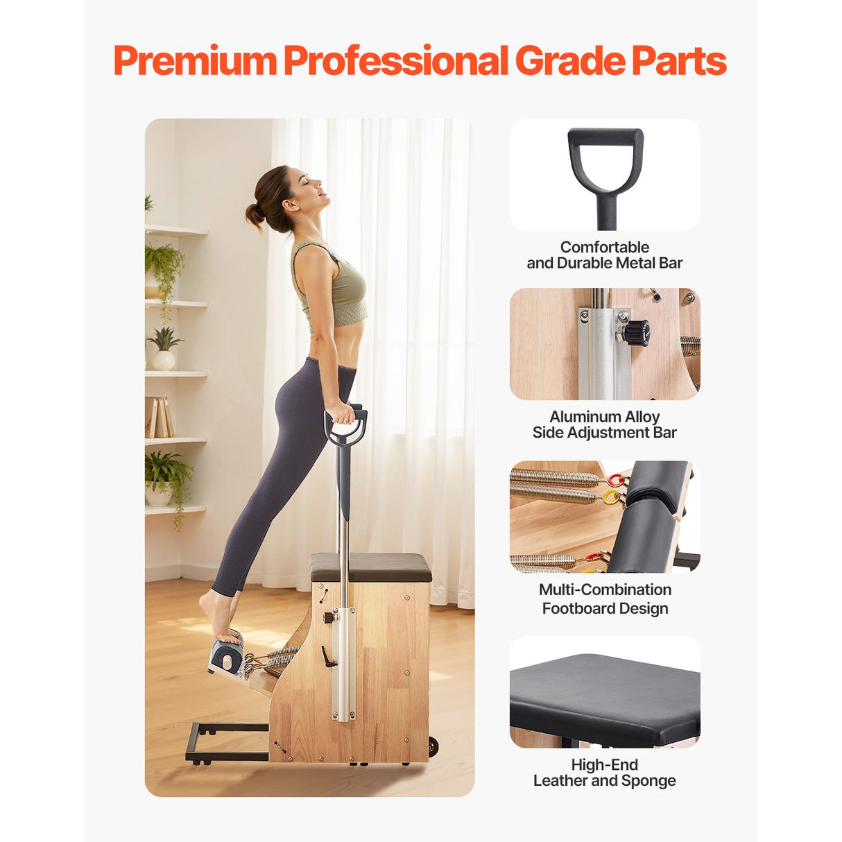 Pilates Chair, Split-Pedal Stability Combo Chairs with Handles, Rubber Wood Frame Yoga Fitness Trainer, Exercise Reformer, Pilates Resistance-Workout Equipment, for Home Gym Studio Workout