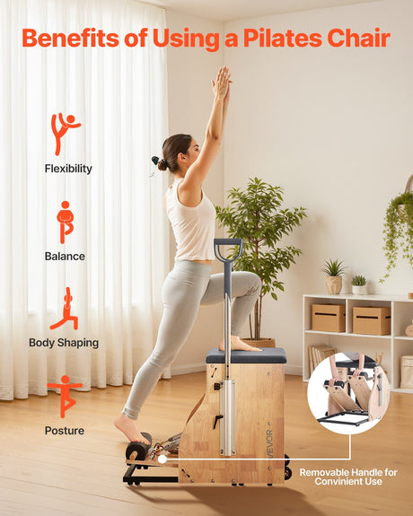 Pilates Chair, Split-Pedal Stability Combo Chairs with Handles, Rubber Wood Frame Yoga Fitness Trainer, Exercise Reformer, Pilates Resistance-Workout Equipment, for Home Gym Studio Workout