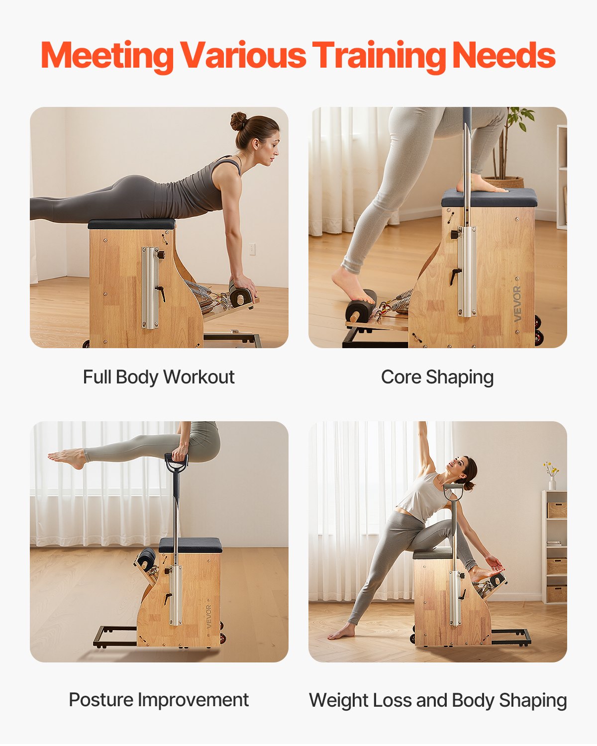 Pilates Chair, Split-Pedal Stability Combo Chairs with Handles, Rubber Wood Frame Yoga Fitness Trainer, Exercise Reformer, Pilates Resistance-Workout Equipment, for Home Gym Studio Workout