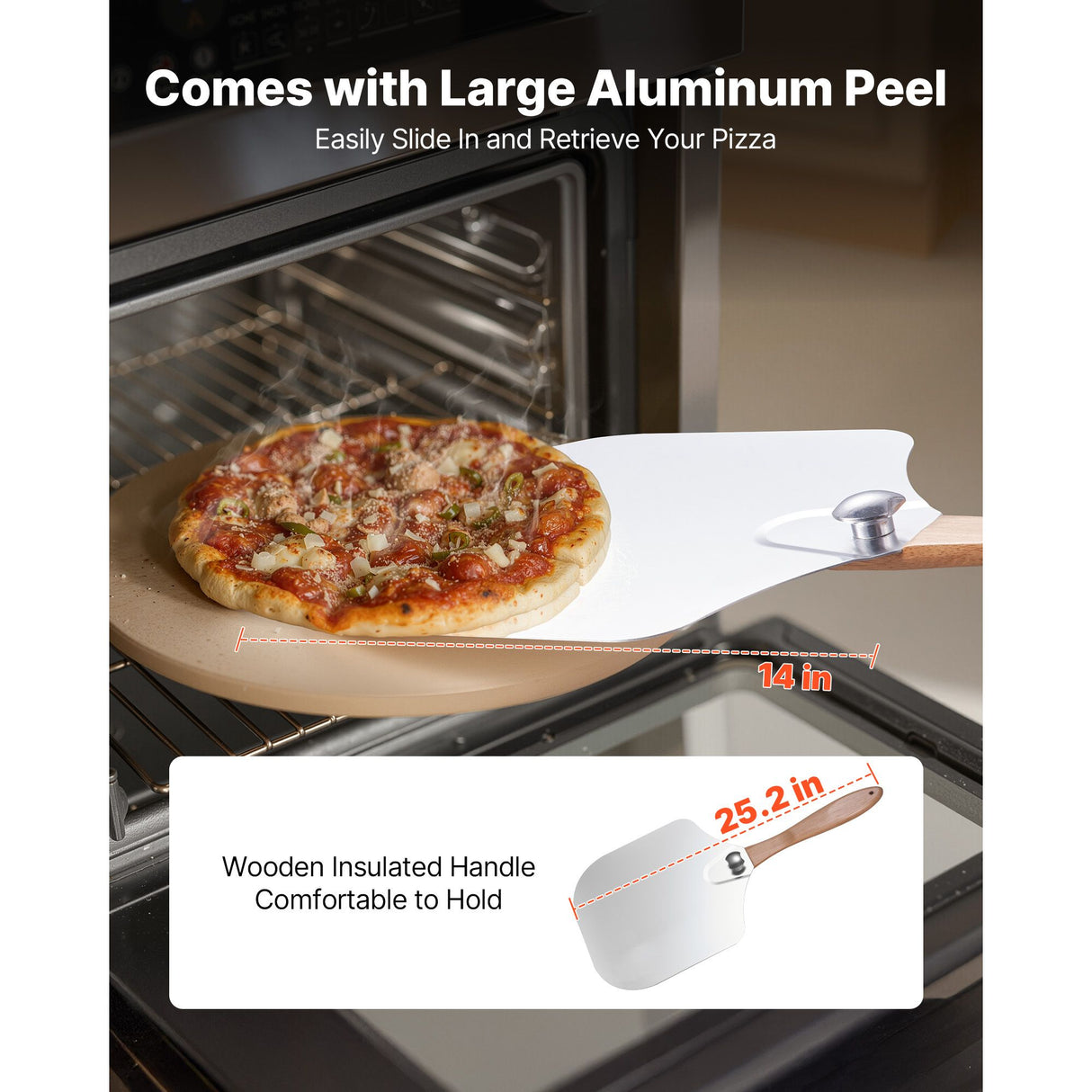 Pizza Stone, 381 mm Round Cordierite Pizza Stone, Extra Large Baking-Stone with Aluminum Peel, 17 mm Thickness Heat-Resistant Cooking Cordierite, for Kitchen Oven, Baking Pizzas, BBQ Grilling