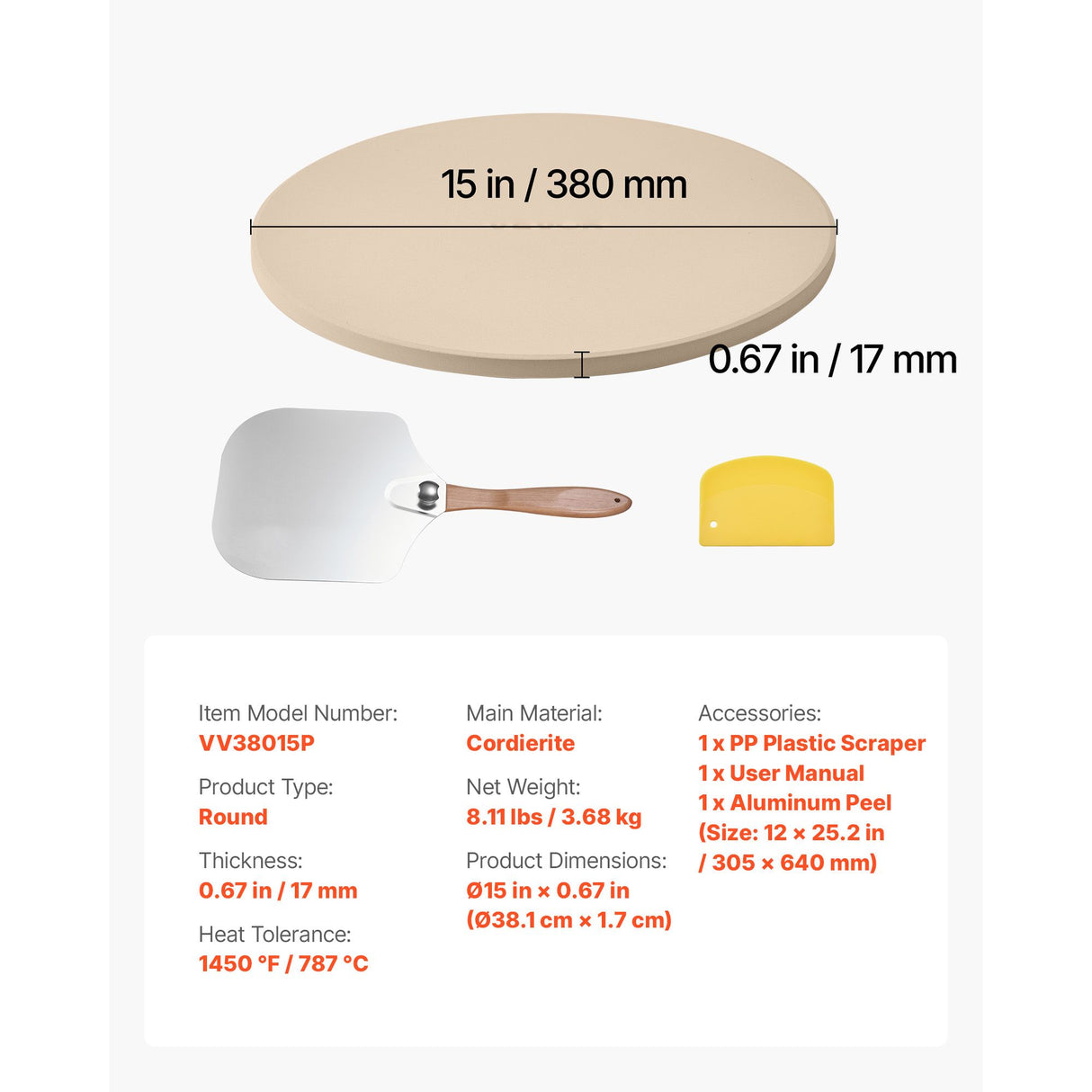 Pizza Stone, 381 mm Round Cordierite Pizza Stone, Extra Large Baking-Stone with Aluminum Peel, 17 mm Thickness Heat-Resistant Cooking Cordierite, for Kitchen Oven, Baking Pizzas, BBQ Grilling