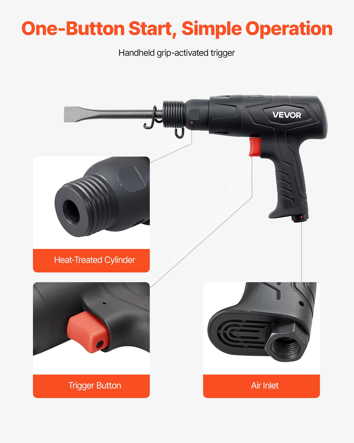 Air Hammer, 2500-2700BPM Pneumatic Hammer with 70mm Stroke & 4PCS 170mm Long Barrel Chisels, Pistol-Grip Compact Air Chisel Pneumatic Shovel Tool for Cutting Scraping Demolishing
