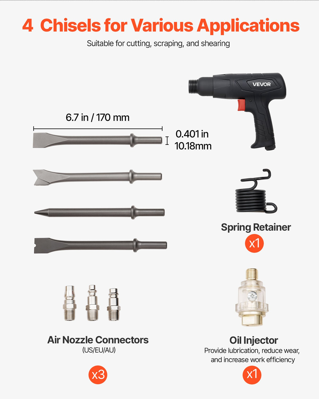 Air Hammer, 2500-2700BPM Pneumatic Hammer with 70mm Stroke & 4PCS 170mm Long Barrel Chisels, Pistol-Grip Compact Air Chisel Pneumatic Shovel Tool for Cutting Scraping Demolishing