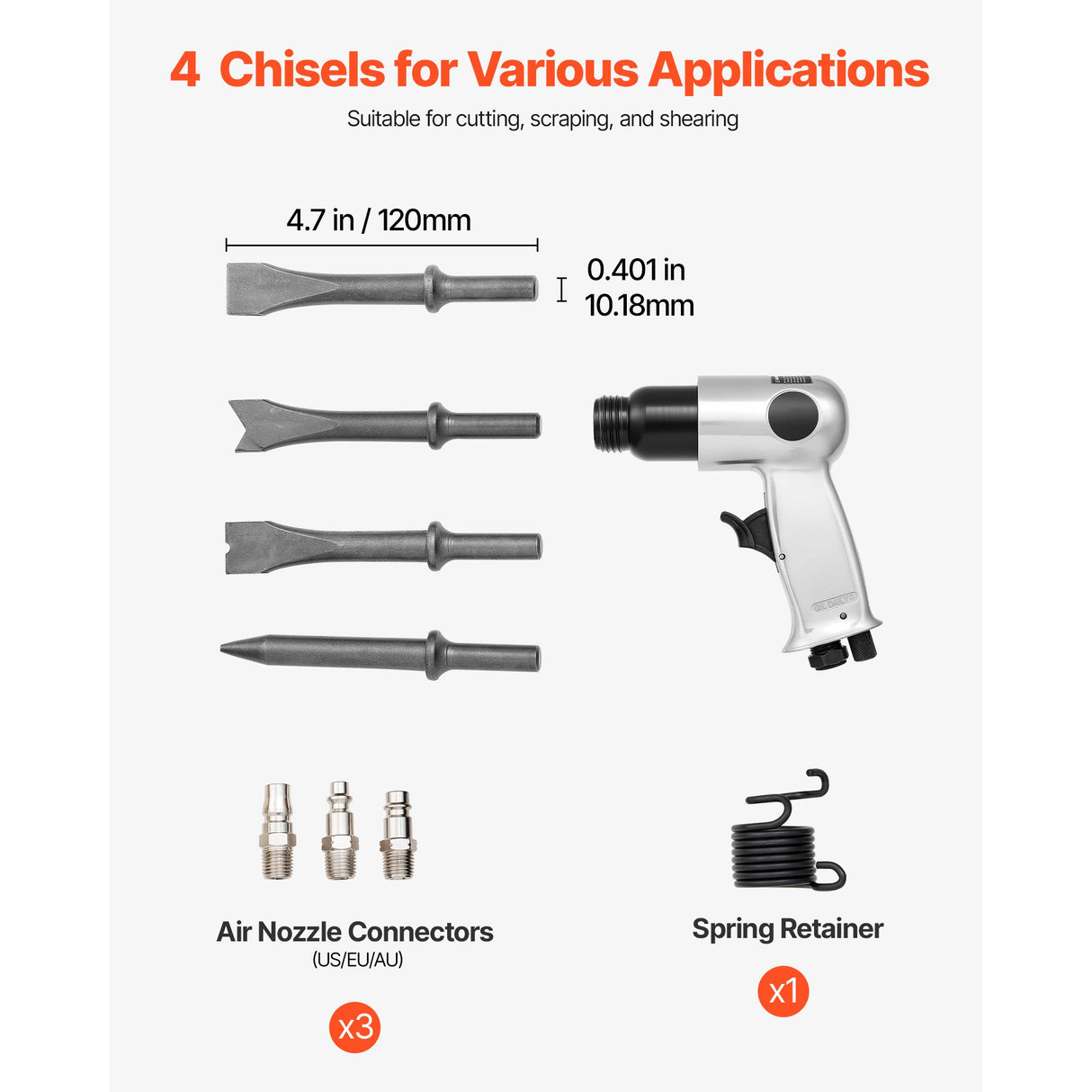 Air Hammer, 4500BPM Pneumatic Hammer with 40mm Stroke & 4PCS Chisels Round Shank, Lightweight & Compact Air Chisel Pneumatic Shovel Tool for Cutting Punching Scraping