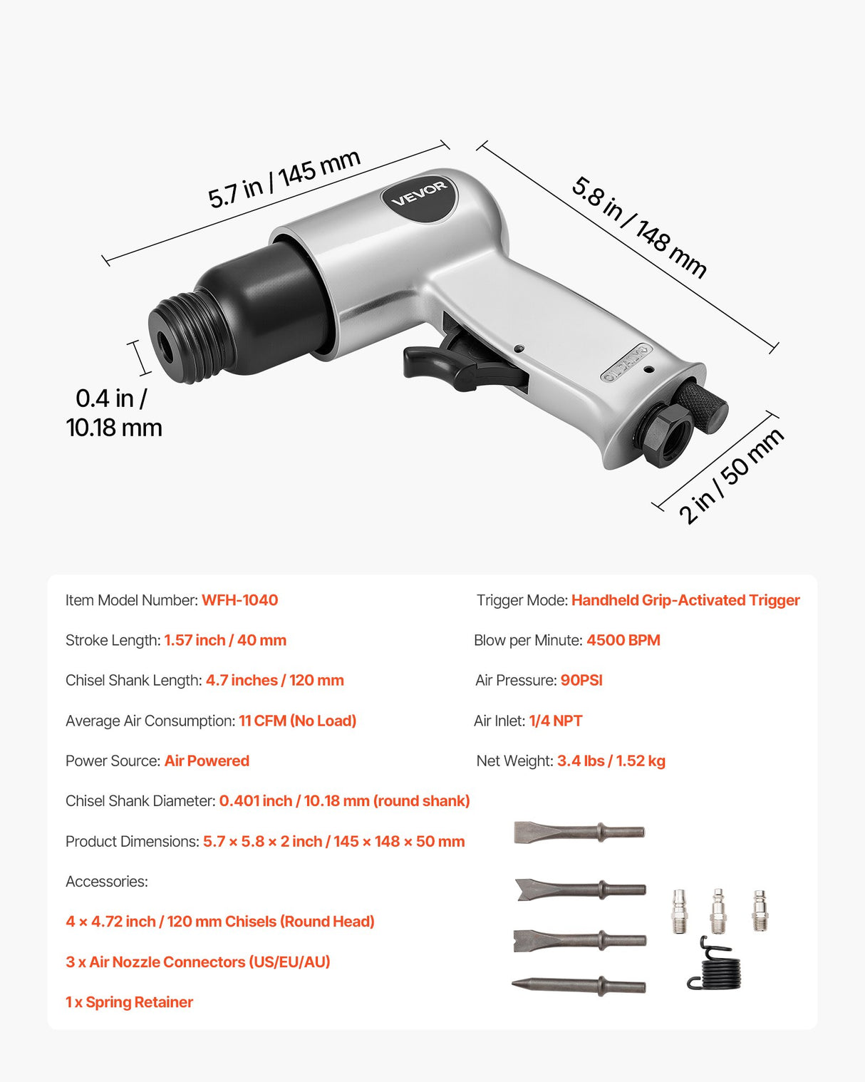 Air Hammer, 4500BPM Pneumatic Hammer with 40mm Stroke & 4PCS Chisels Round Shank, Lightweight & Compact Air Chisel Pneumatic Shovel Tool for Cutting Punching Scraping